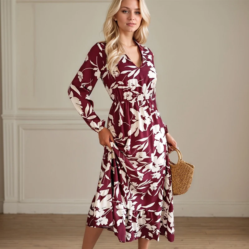 Fashion Printed Women's Dress Elegant V-Neck Flower Waist Long Sleeved Ruffle Edge Dress Vintage Cinched Mid Length Dresses
