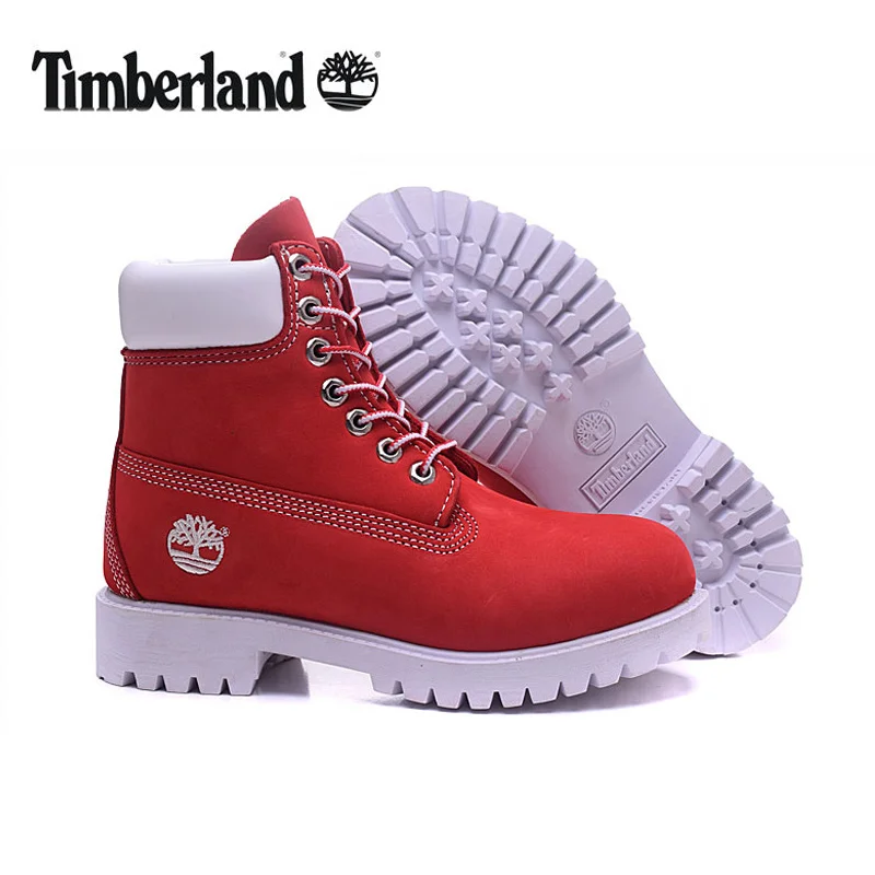 Original TIMBERLAND Men\'s 10061 Red White Winter Boots Man Male Genuine Leather Ankle Anti-Slip Outdoor Warm Hiking Shoes 40-46