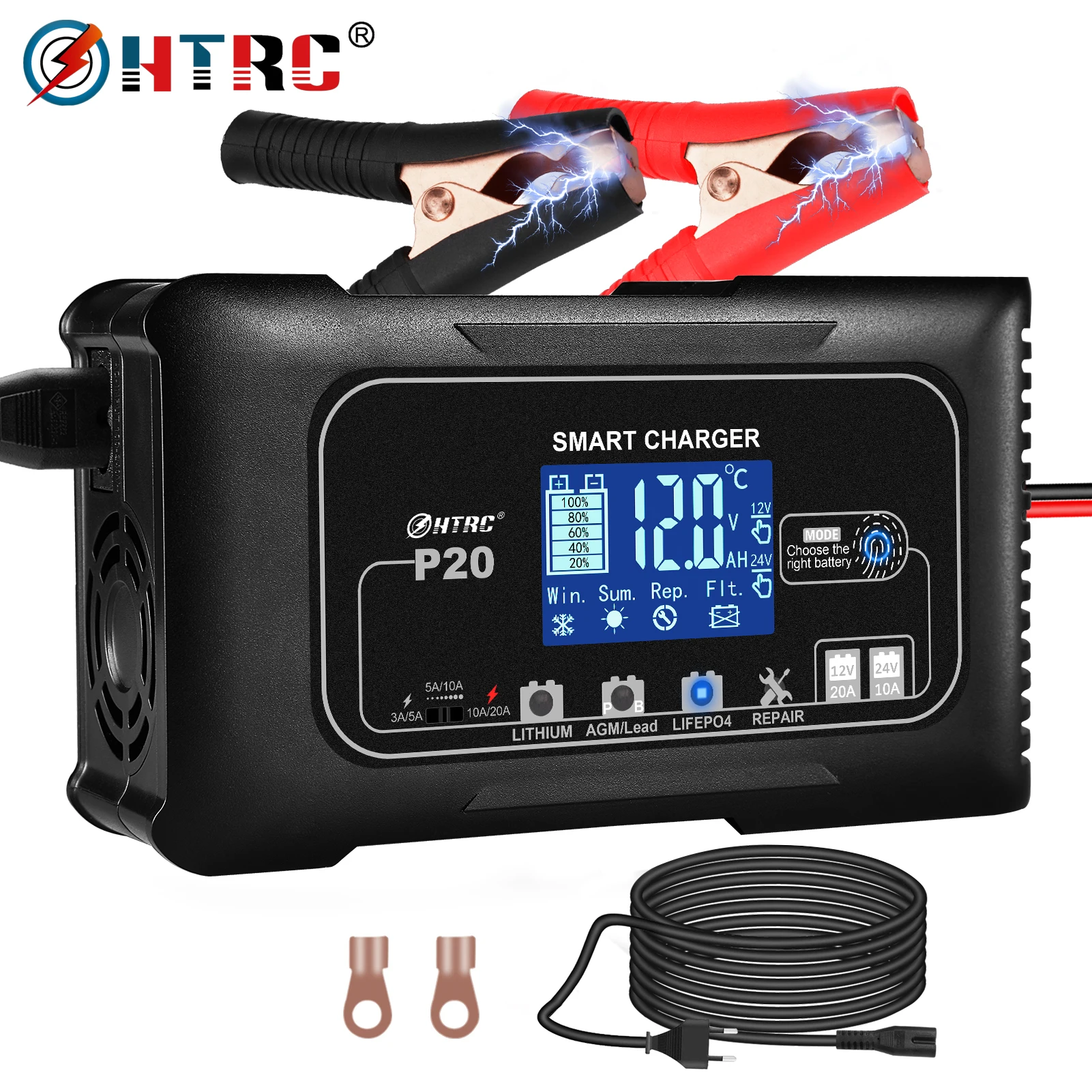 HTRC-Chargeur de batterie intelligent pour voiture, réparation de batterie de moto, plomb-acide de moto automatique, AGM, GEL, PB, batterie au lithium veFePo4, 20A, 12V-24V