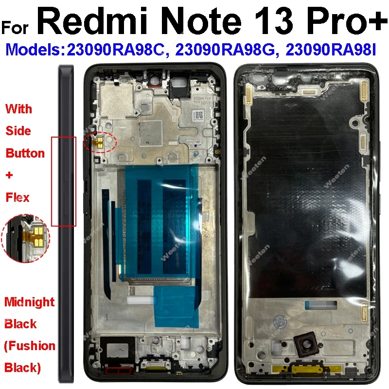 Middle Frame Housing Cover For Xiaomi Redmi Note 13 Pro Plus 5G LCD Middle Frame Bezel Holder With Volume Side Button Parts