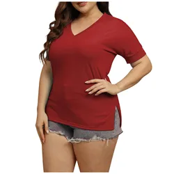 빅사이즈 Ropa Mujer Tendencia 2024 Women'S Large Daily Casual Solid V-Neck Short Sleeve Side Split T-Shirt Plus Size Women Clothing