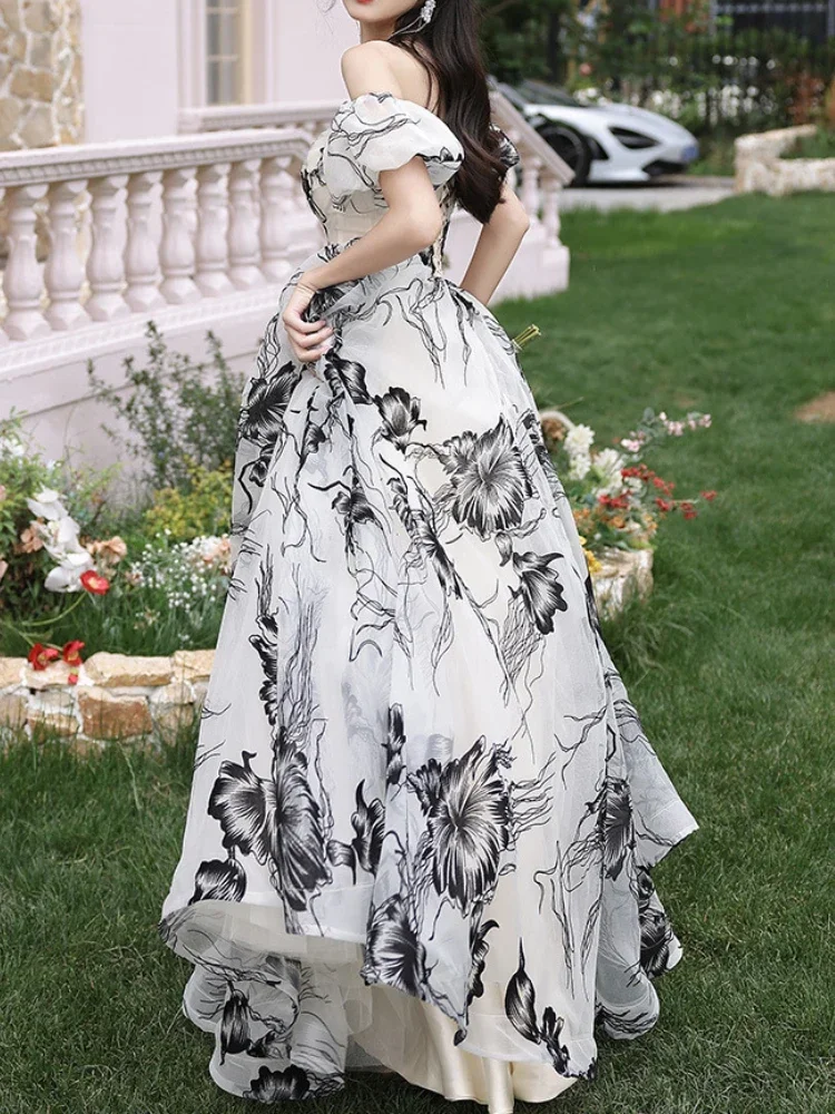 Customized French Fresh Slash Neck Puff Sleeve Vestidos Fashion Temperament Ink Print Ceremonial Robe Bow With Sashes Cascading