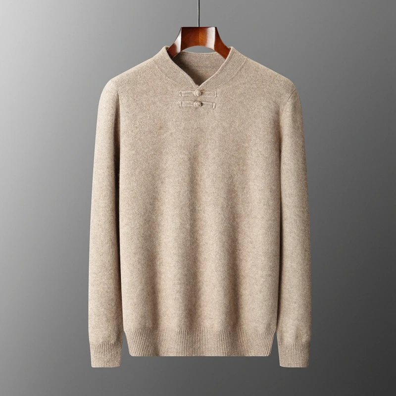 

New Chinese Style Men's Pullover 100% Pure Wool Knit Sweater Autumn Winter Retro Stand Collar Long Sleeve Fashion Cashmere Tops