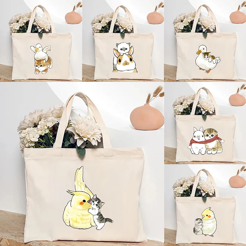 Rabbit Duck Cat Illustration Canvas Shoulder Bag Travel Storage Tote Bags Cartoon Cute Handbag Eco-friendly Shopping Bag Gift