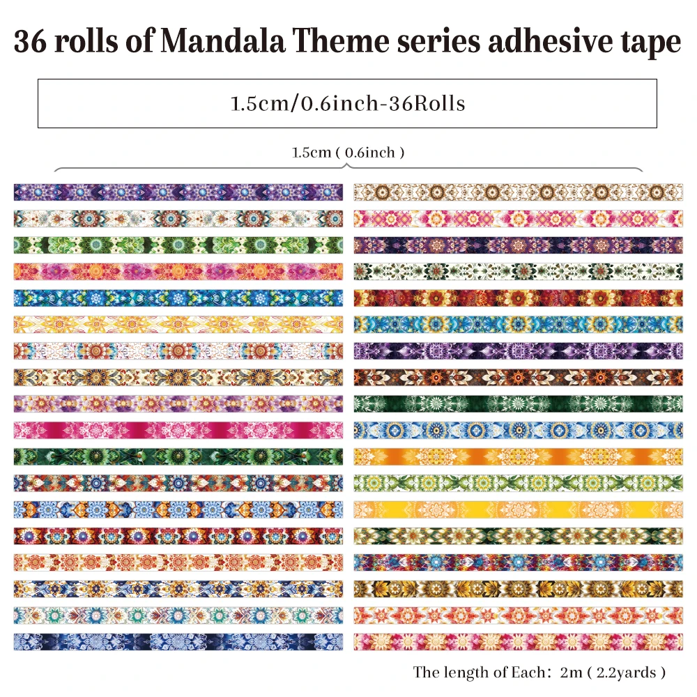 36 ロールヴィンテージマンダラ和紙テープカラフルなマンダラ花柄スクラップブッキングステッカーテープジャーナリングクラフト学校用