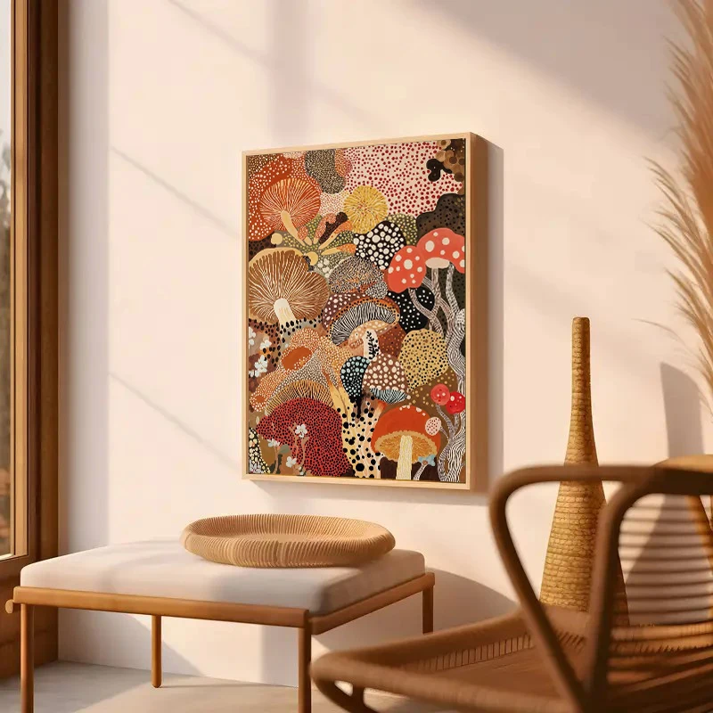 Polka Dot Mushroom Canvas Print, Botanical Fungi Canvas Wall Art for Living Room Home Decoration