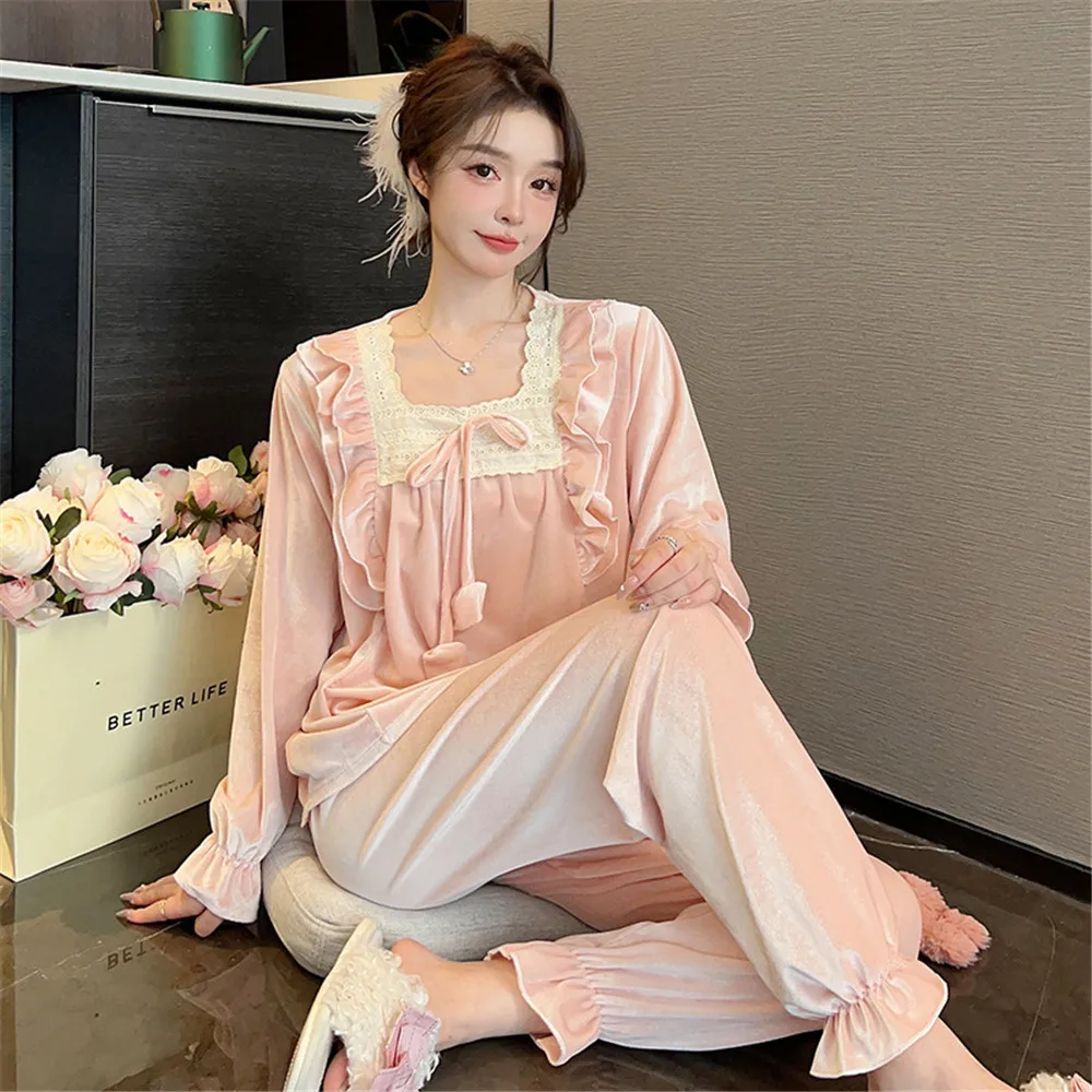 Velvet Pajamas Women Autumn Winter Sleepwear Long Sleeve Pullover Pants Casual Nightwear Loose Home Clothes Sleep Set