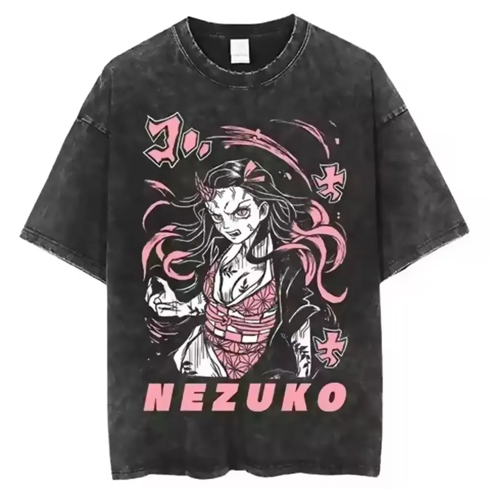 

New Fashion Harajuku Anime Washed T Shirt Demon Slayer Men Women Short Sleeve Graphic Tee Y2k Clothes Streetwear Casual Tops