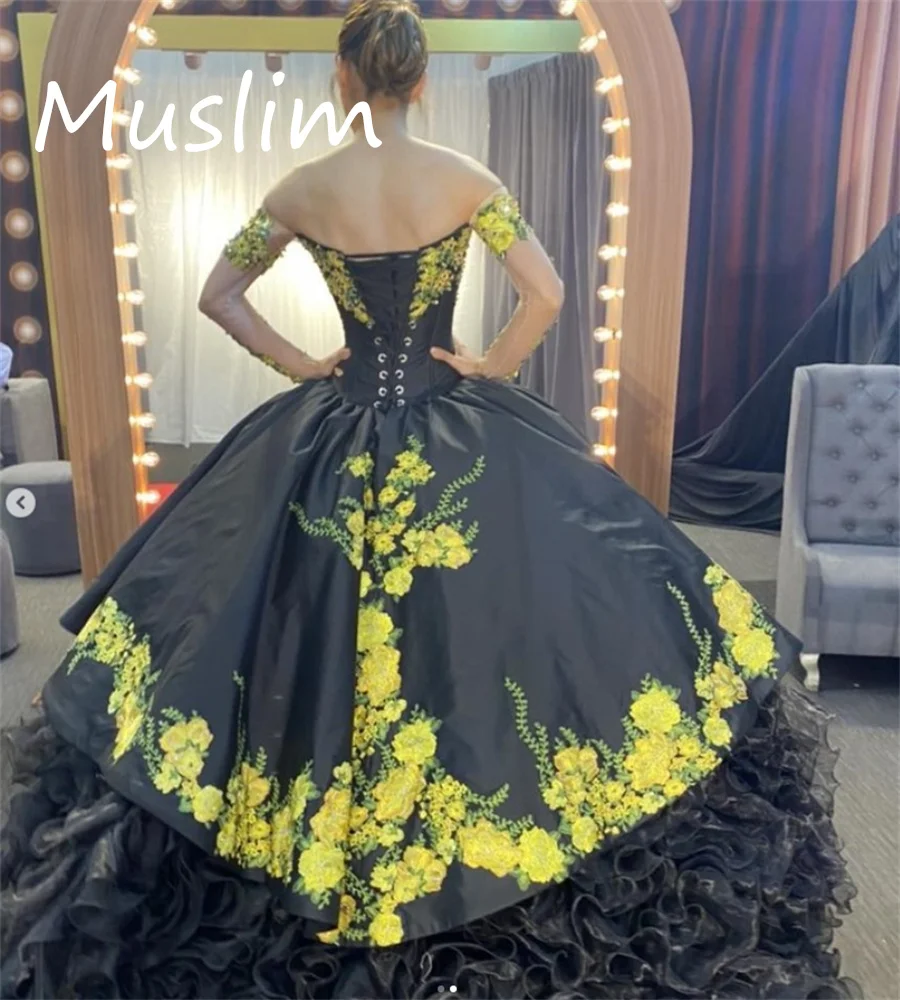 Charro mexicano preto quinceanera vestido organza babados doce 15 vestido de aniversário rendas até vestidos de xv años flor personalizado