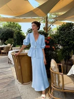 Bornladies 2025 Summer Women's 100% Cotton V-Neck Lace-Up Bubble Sleeve Shirt  Long Skirt Set Loose Casual Two-Piece Suit - Image 6