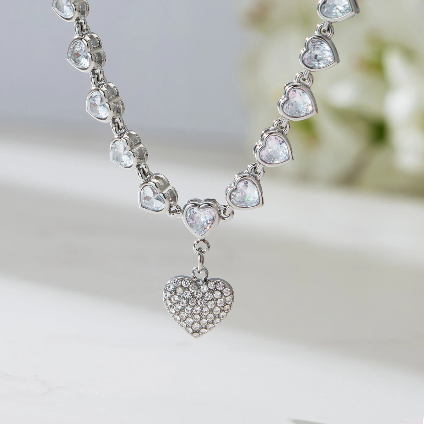 Goldene Silber Edelstahl Kette Halskette frauen Vergoldet Glänzenden Zirkon Herz Anhänger Halskette Femme Wasserdicht Schmuck – Detail 8