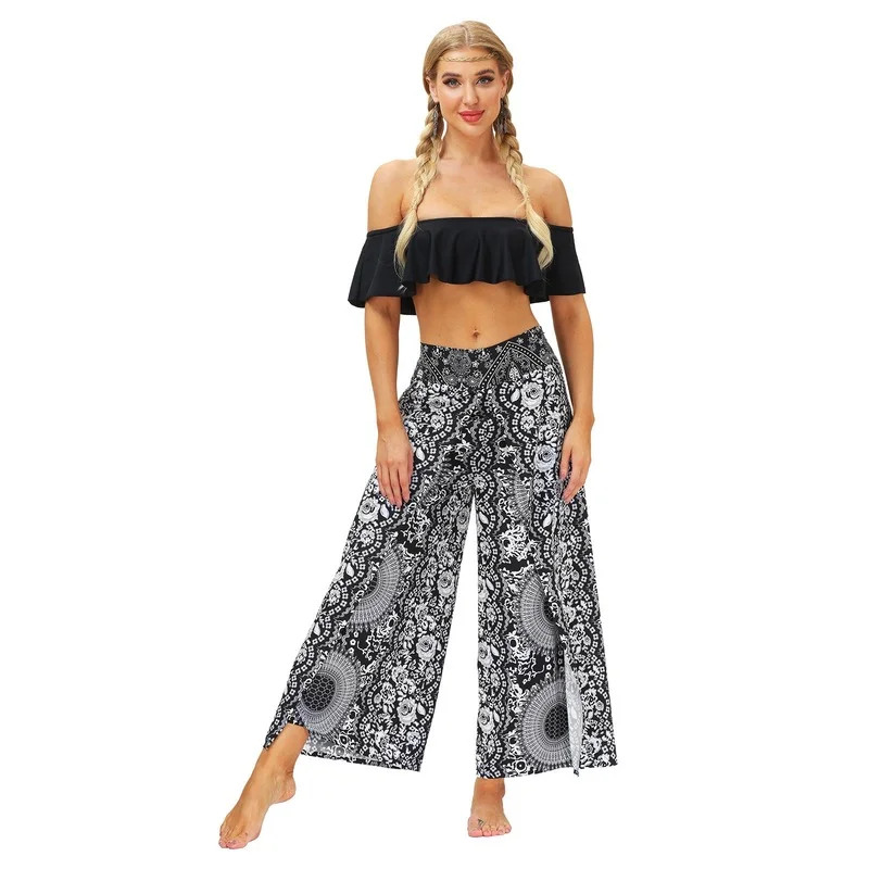 

Summer Ethnic Style Casual Sport Wide Leg Pants Women Digital Printing Thin High Waist Loose Pants Gym All-Match Split Trousers