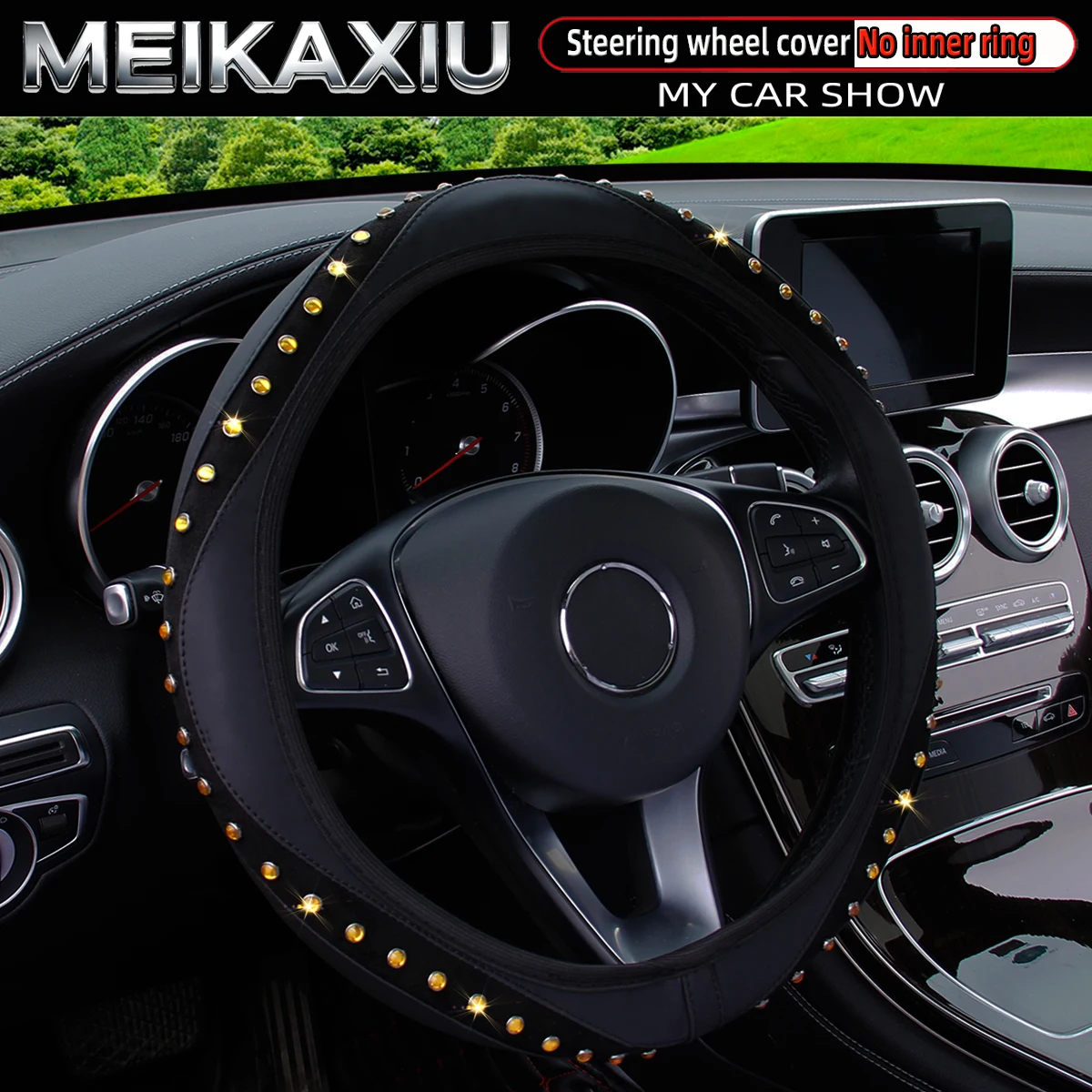 Capa feminina de couro pu brilhante para volante com pedras preciosas artificiais acessório decorativo sem aro para carro