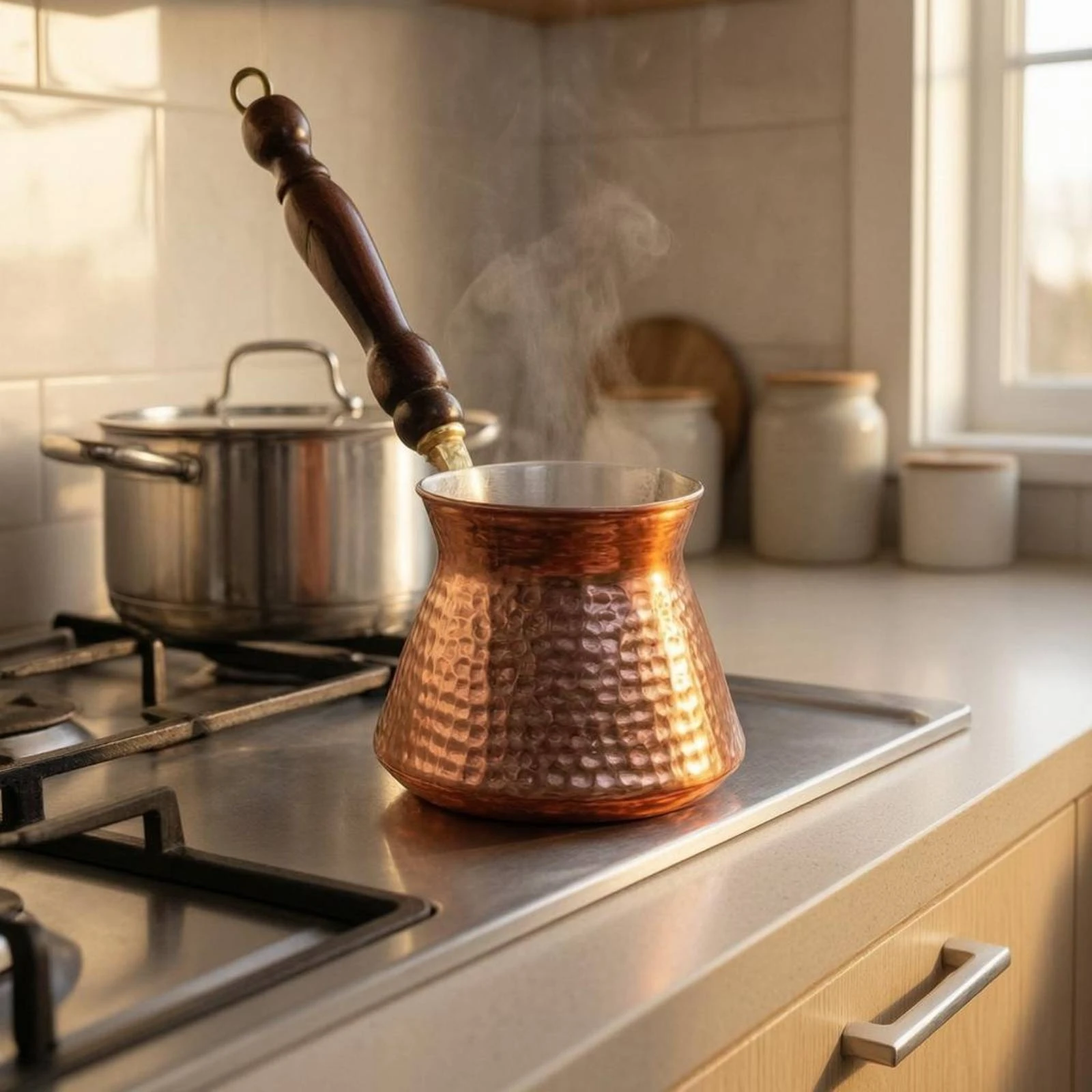 Copper Cezve Embossed Turkish-Style Coffee Pot Copper Coffee Pot Wooden Handle Kitchenware Traditional Design view 5