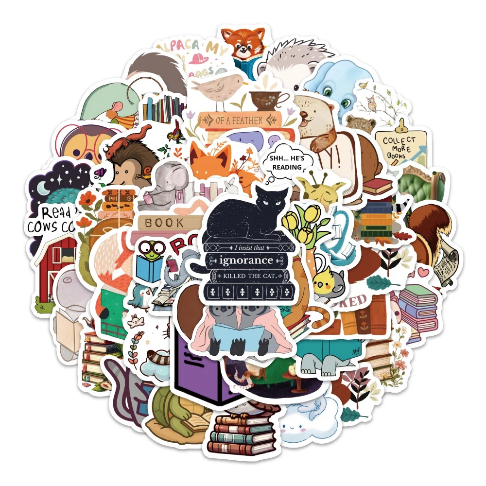 10/30/60pcs Funny Animal Books Reading Stickers Cute Cartoon Graffiti Decals DIY Motorcycle Phone Guitar Waterproof Sticker Toys