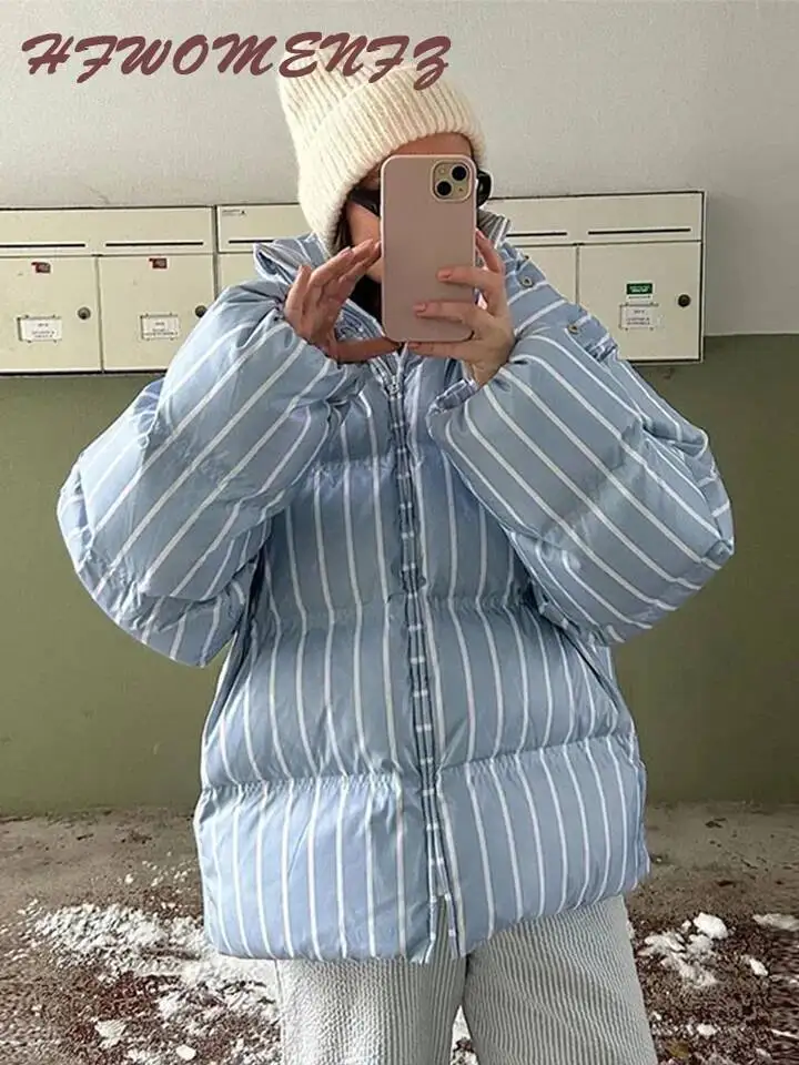 

Повседневное полосатое женское хлопковое пальто с длинным рукавом на молнии, теплая утепленная женская куртка, осень-зима, однобортная модная свободная верхняя одежда