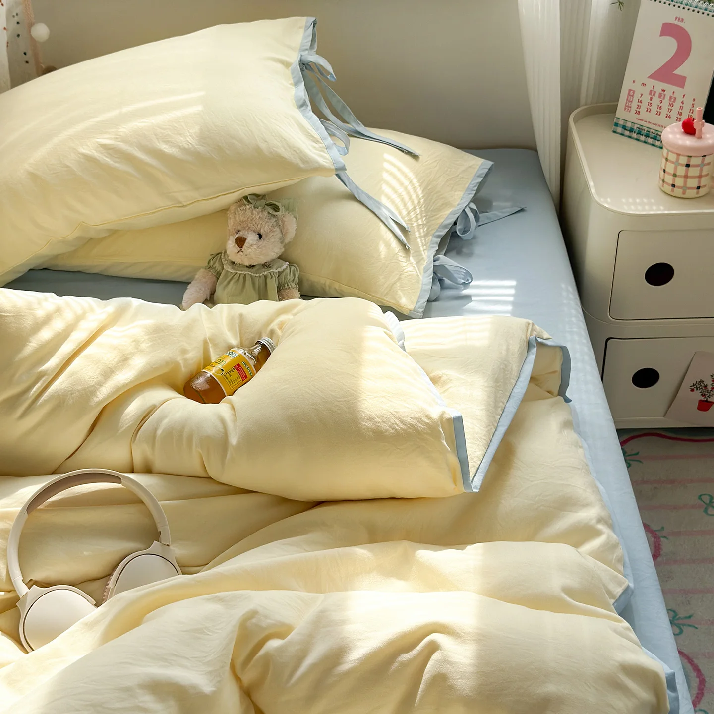3pcs Ins Korean Yellow Duvet Cover Set  (1*Duvet Cove +2 Pillowcases No Core) Soft Bedding Set For Girls Bedroom Decor