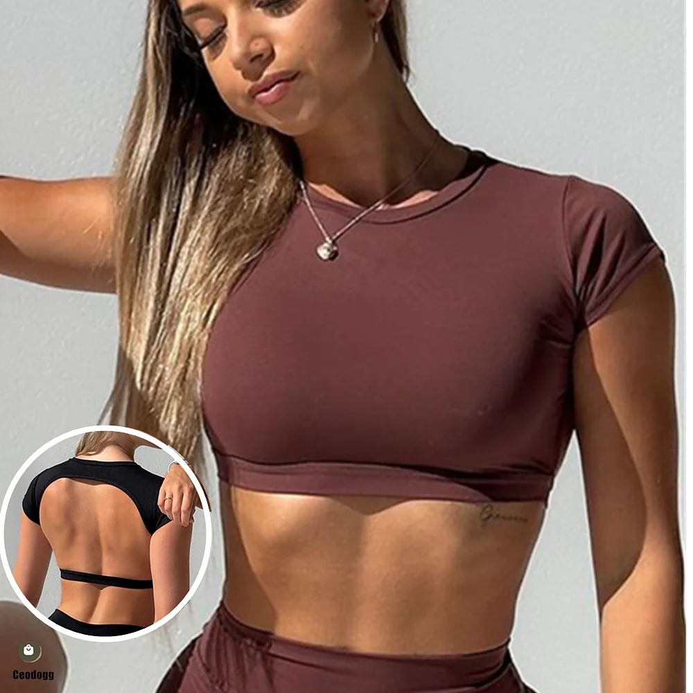 Pad Nylon Sports Shirts Backless Workout Tops Fitness Sportswear Female Yoga Clothing Sport Crop Tops Women Gym Shirt