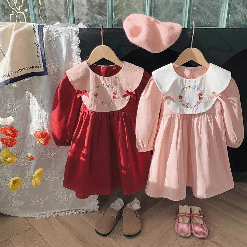 Autumn Baby Girl Long Sleeve Dress Retro Embroidered Girls\' Dress Spring Doll Neck Bow Princess Dress Fluffy Children\'S Dress