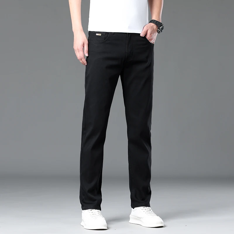 Black Gray Lyocell Summer Ultra-thin Jeans Men Breathable Straight Stretch Business Pants Fashion Casual Soft Denim Trousers