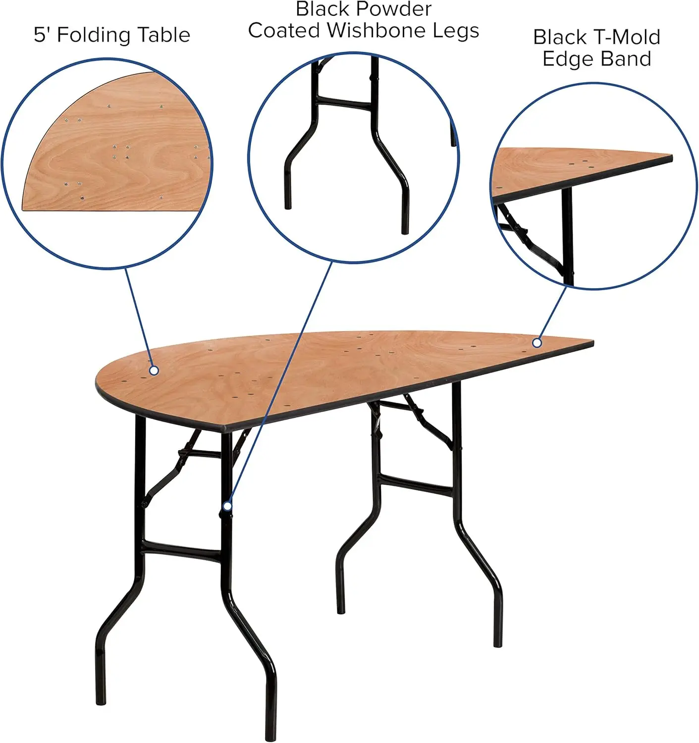Furman 5フィート半円形折りたたみテーブル、ポータブル木製宴会テーブル、ナチュラル/ブラック