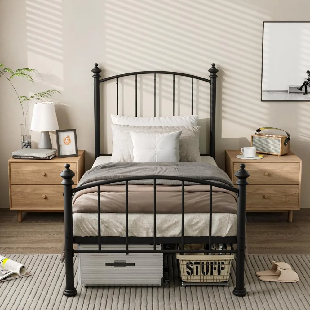 

Twin Size Metal Platform Bed Frame, Victorian Wrought Iron-Art Design,Mattress Foundation with Headboard & Footboard, Under Bed