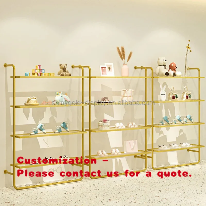 

Настенная витрина из нержавеющей стали для обуви, блестящие золотые полки, многоуровневая витрина для сумок и одежды для женских магазинов