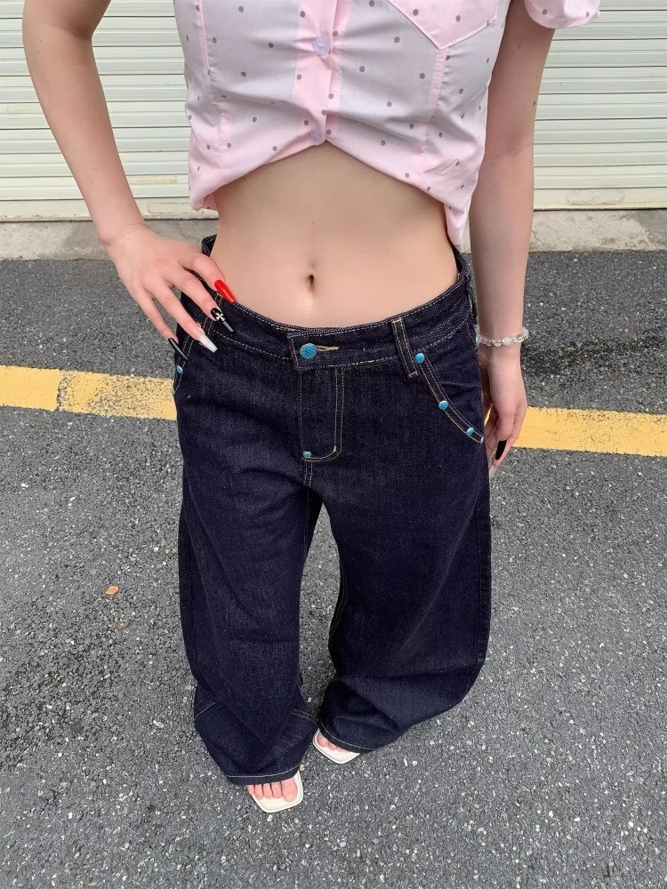 2025 Ropa Y2K Fashion Button Design Dark Blue Baggy Jeans Pants For Women Clothing Wide Leg Lady Casual Trousers Pantalon Femme: