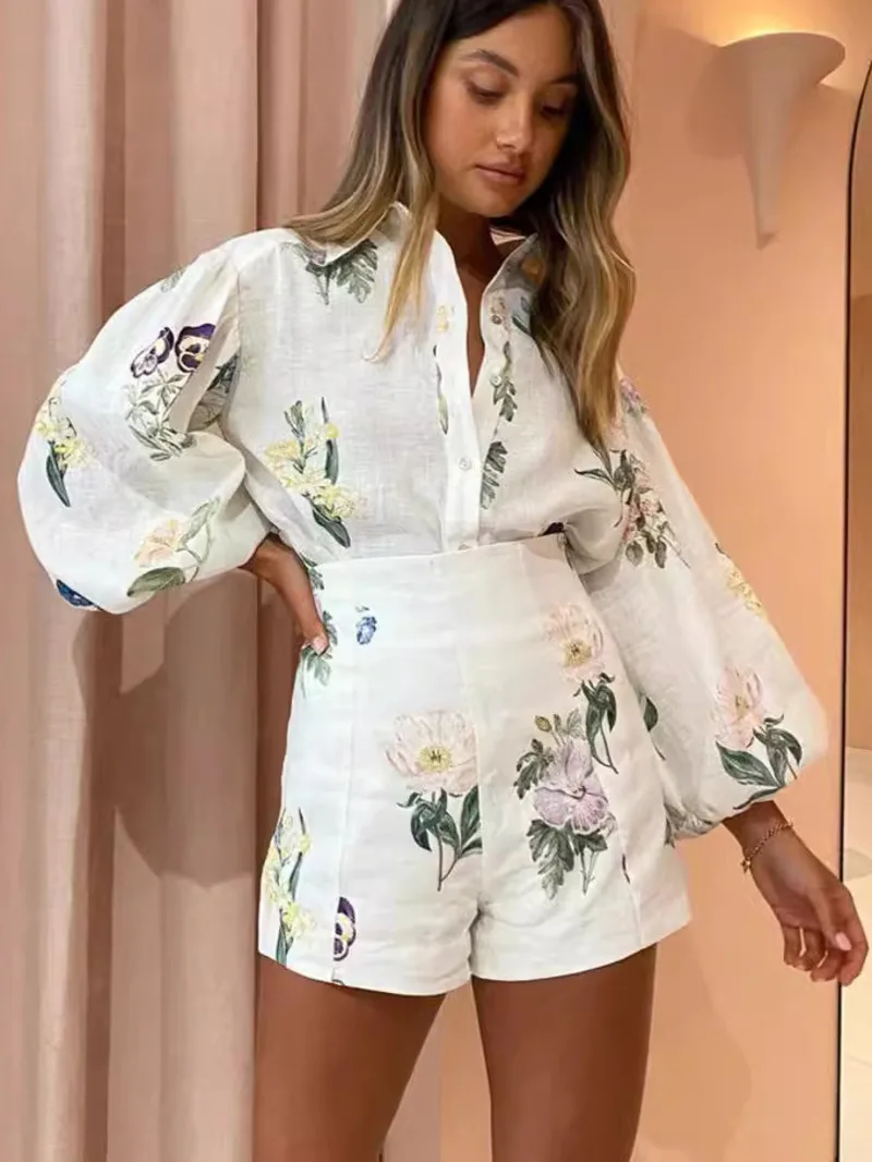 여름 새 정장 오피스 패션 리넨 인쇄 긴팔 셔츠 기질 높은 허리 반바지 여성을위한 두 조각 세트 L63Z