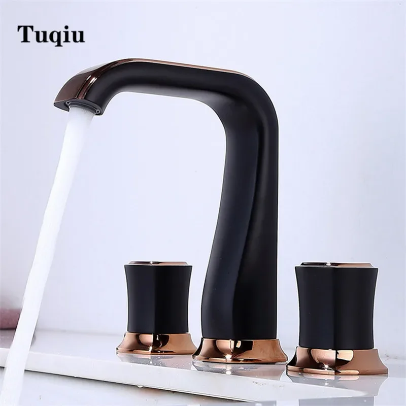 Basin Bathroom widespread sink Rose Gold black bathroom faucet sink tap three holes 8 inch basin Tap