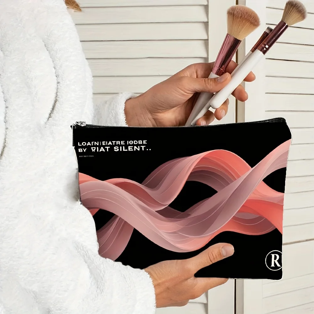 Nowoczesna, minimalistyczna kosmetyczka w kolorze beżowym i czarnym z abstrakcyjnym wzorem fal - wielofunkcyjna saszetka na zamek błyskawiczny, etui na biżuterię.