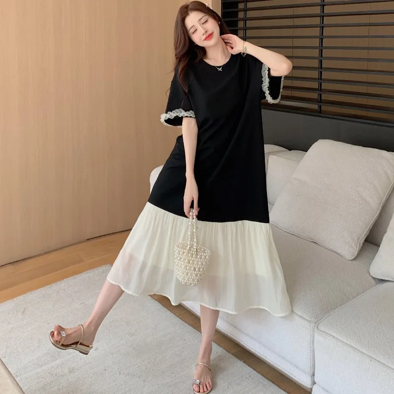 夏の新しい女性の裏地ドレス黒レース半袖 Tシャツドレススプライシングマキシフィッシュテールドレス女性服