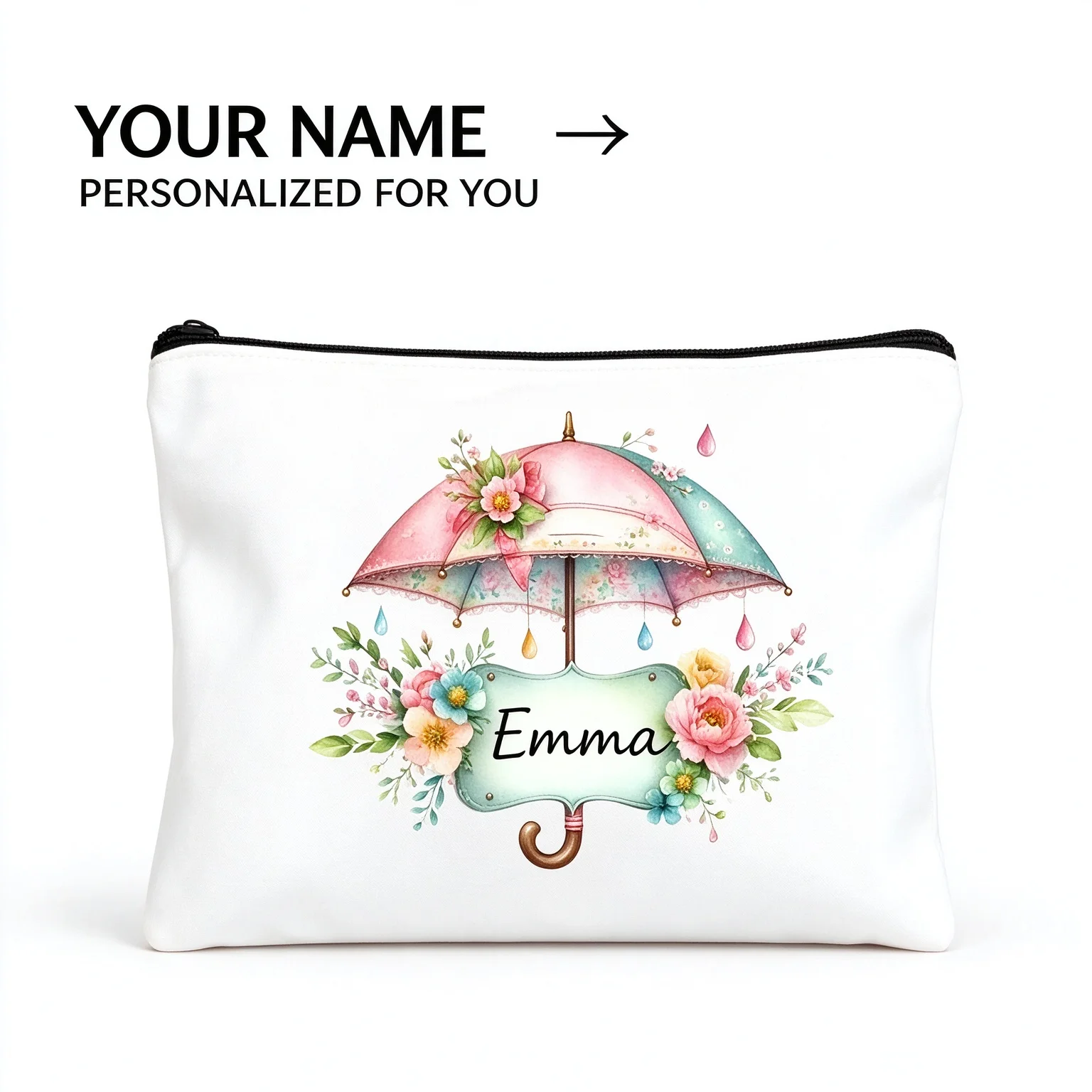 Personalized Makeup Bag Custom Name Floral Umbrella Cosmetic Pouch Watercolor Flower Zipper Organizer for Women Travel Daily Use
