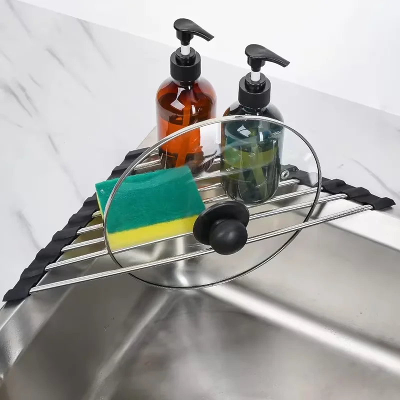 

Stainless Steel Sink Corner Dish Drying Rack,Space Saving Kitchen Organizer for Plates Cups Utensils in Sink Corner, Rustproof