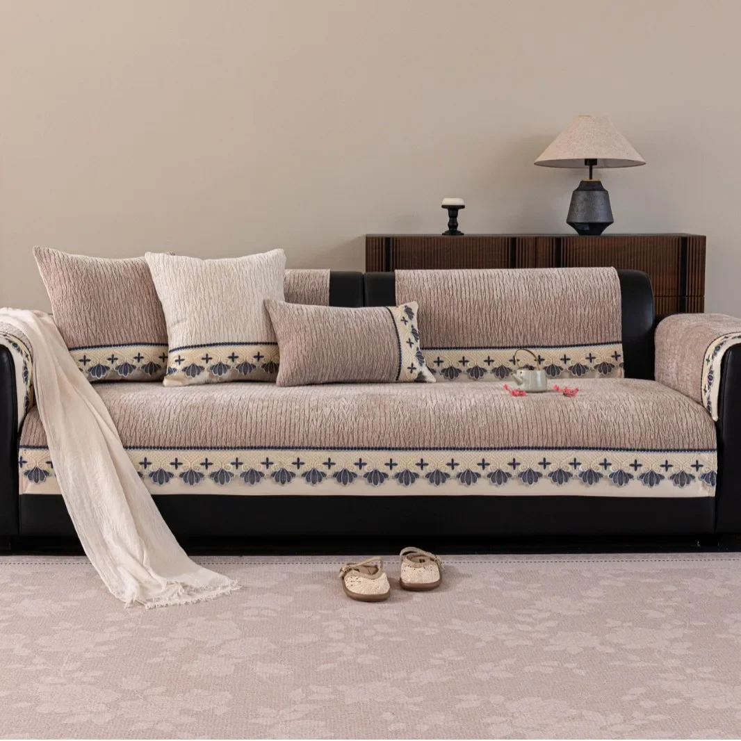 Chenille Textured Sofa Pad Anti-Scratch Anti-Stain All Season Sofa Cushion Cover Cloth Washable Non-Slip Couch Protector Mat