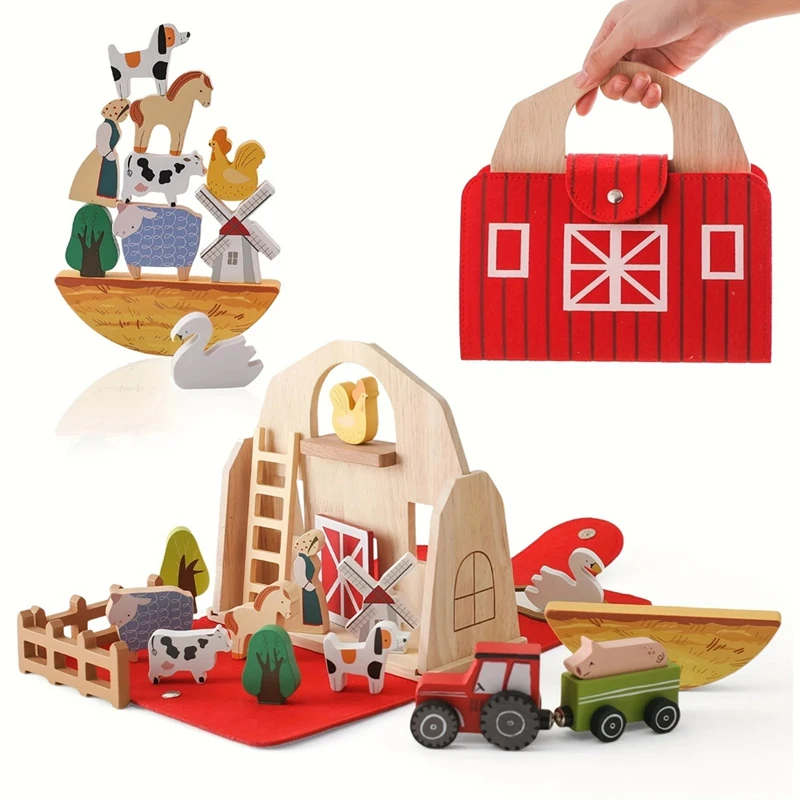 18Pcs Farm Animals Barn Toys Wooden Montessori Stacking For Toddlers Red Barn Toys Farm Pretend Playset Birthday Gift