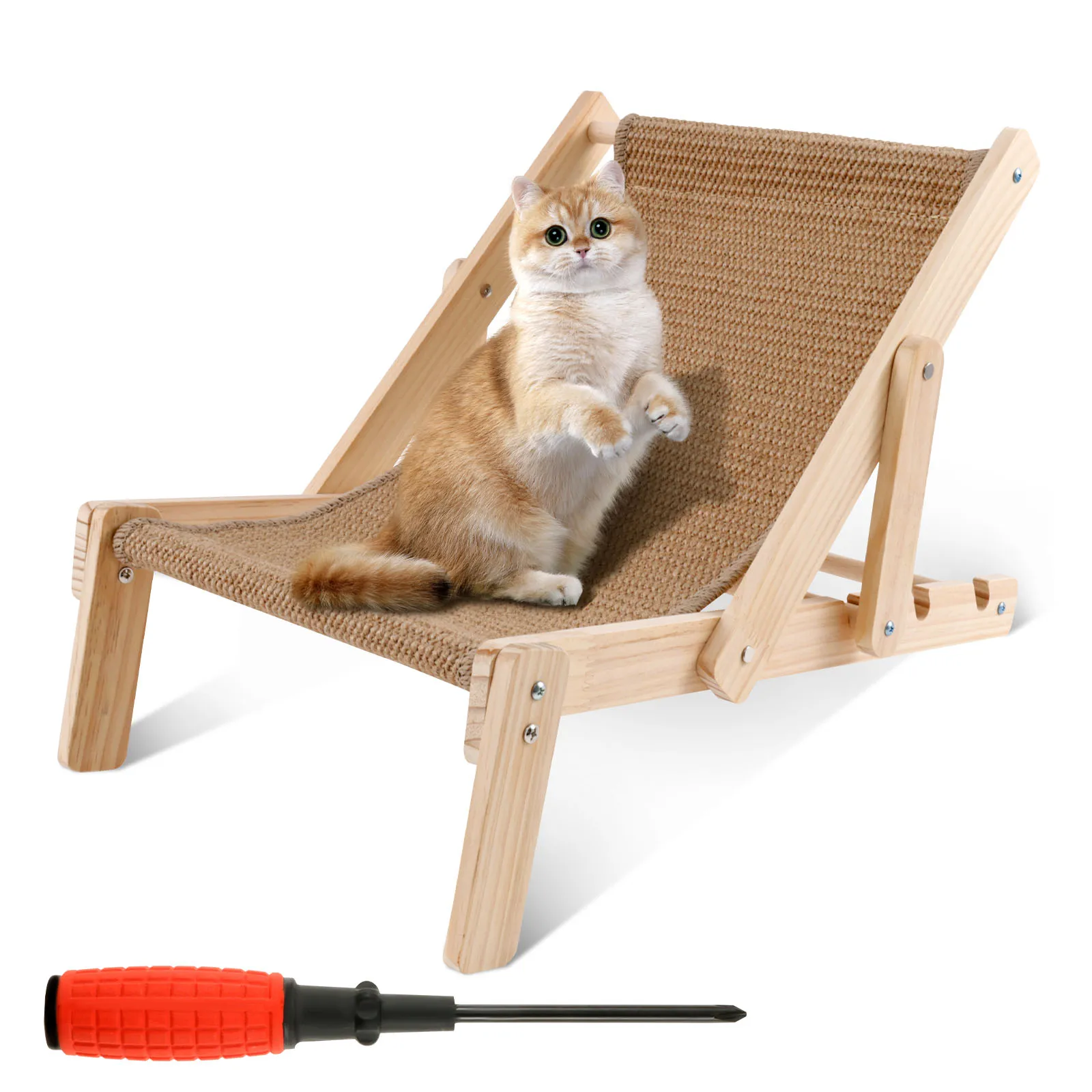 

Cat Solid Wood Sisal Chair Adjustable Angle Load Bearing Sisal Lounge Chair Encrypt and thicken coconut palm mat Cat Furniture
