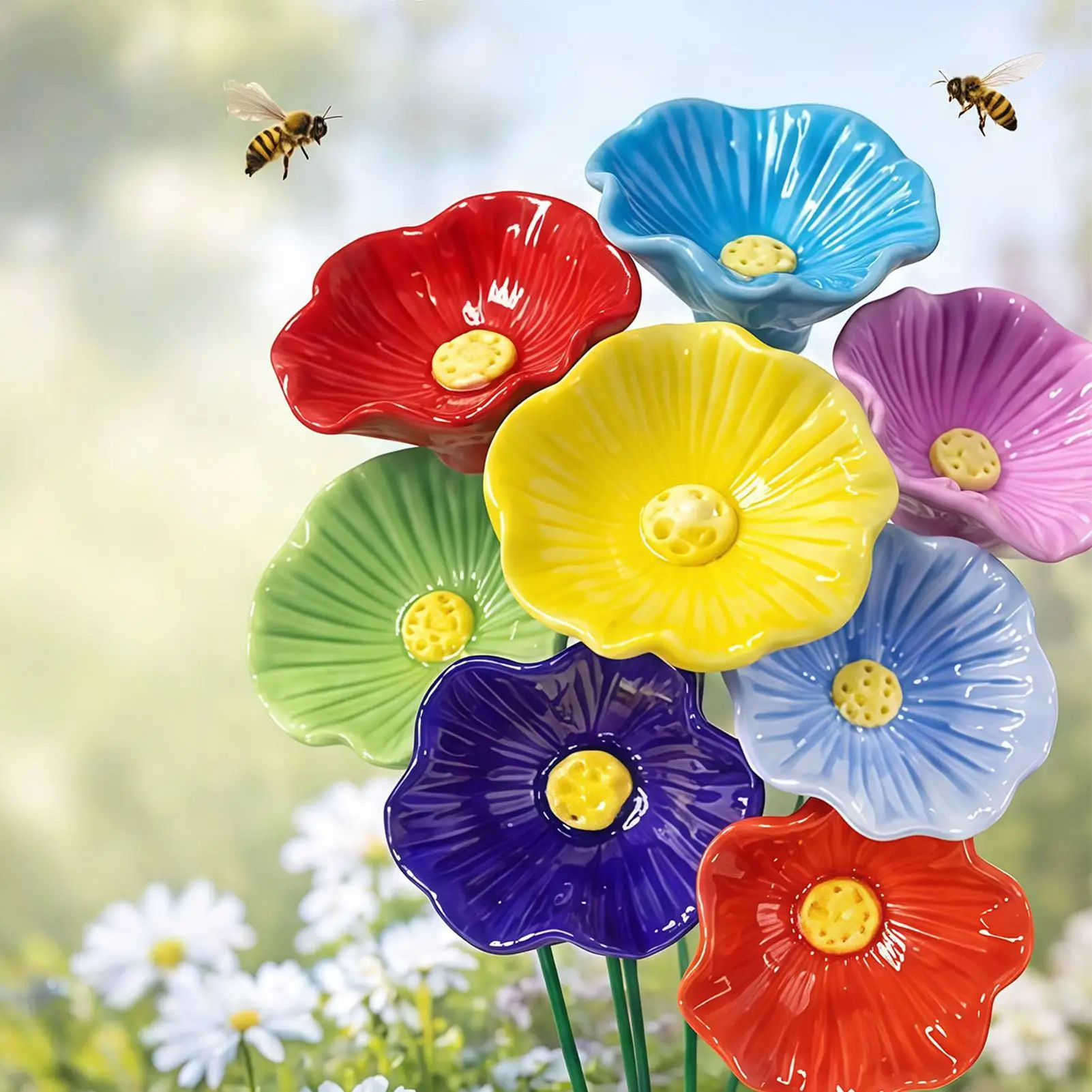 Bee Watering Station 6 Pieces Flower Pollinator Drinking Rain Catcher Bird Bath Feeder for Gardeners Homeowners Animal Lovers