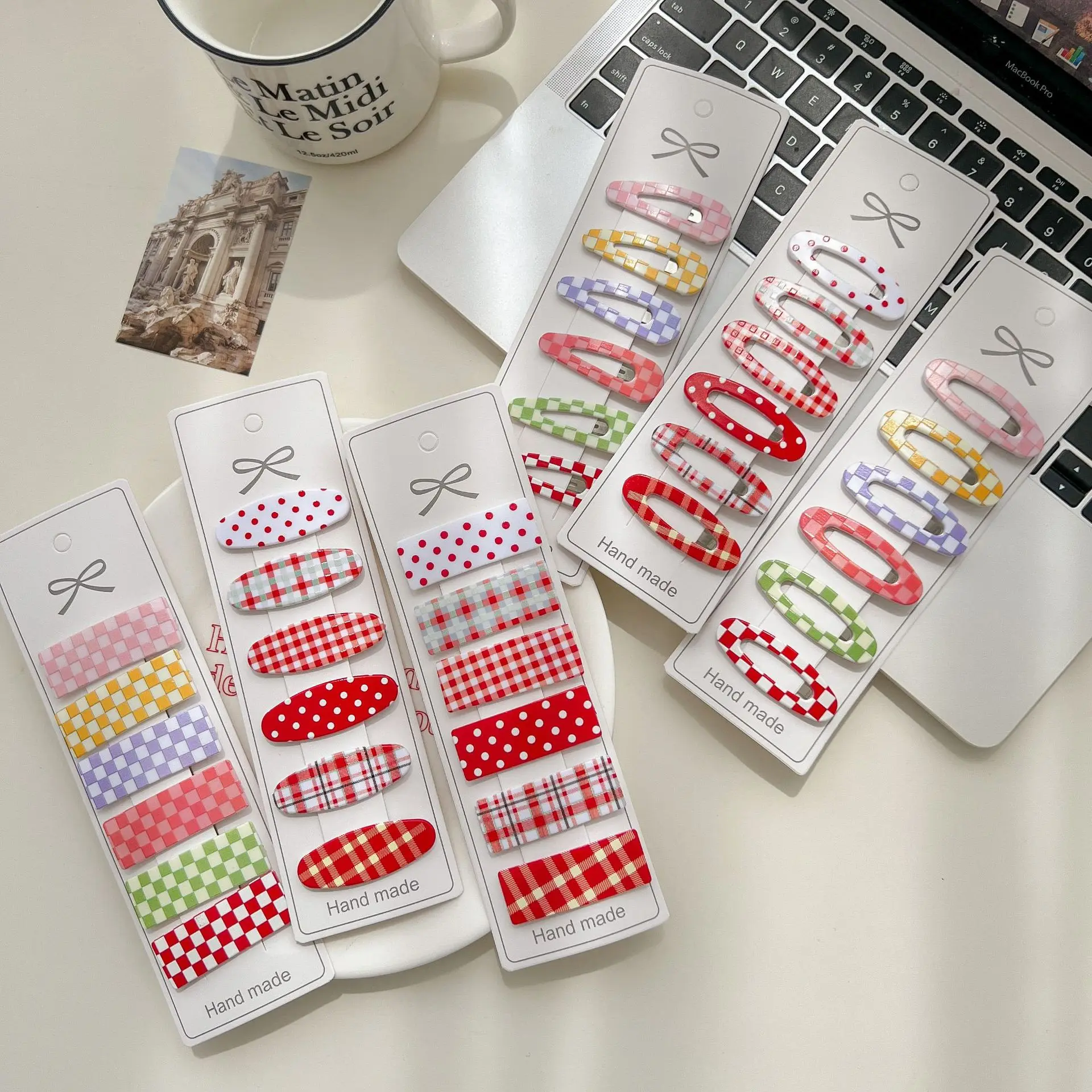 

18 Sets/Lot, Polka Dot Plaid Bow Hair Clips Kids Girls Acrylic Bow Snap Clip Baby Hair Accessories