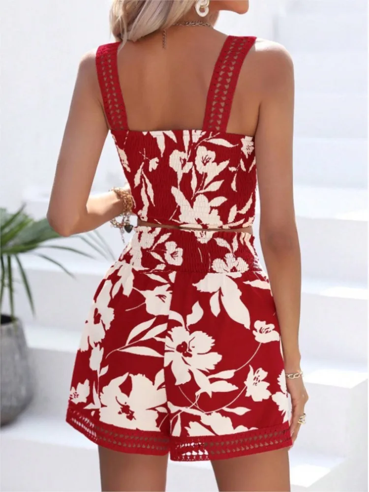 Lace Edge Patchwork Camisole Shorts Two-piece Set Summer Women Printed Fashionable Casual Off Shoulder Slim Fit Vest Shorts Set