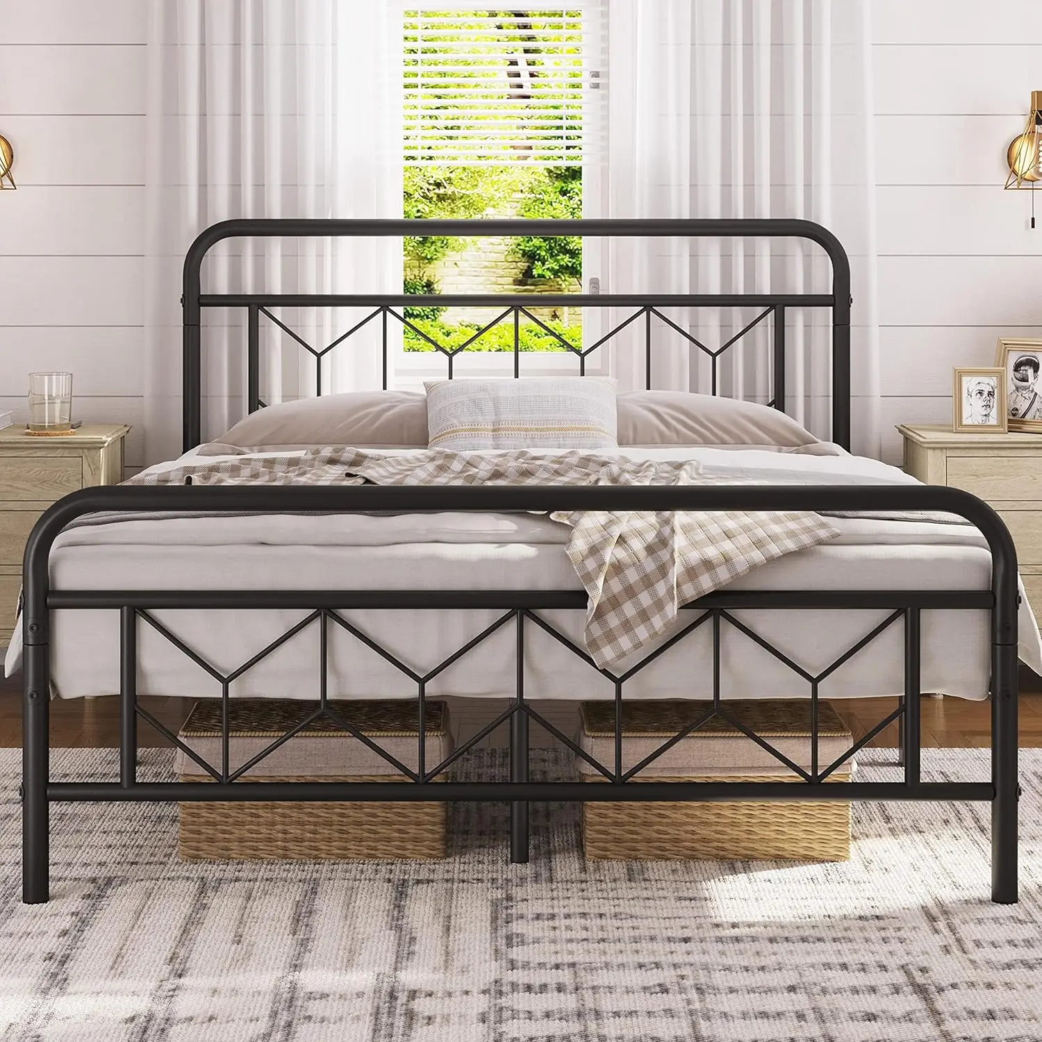

Topeakmart Queen Bed Frames Metal Platform Bed With Vintage Style Headboard/Mattress Foundation/No Box Spring Needed/Under Bed