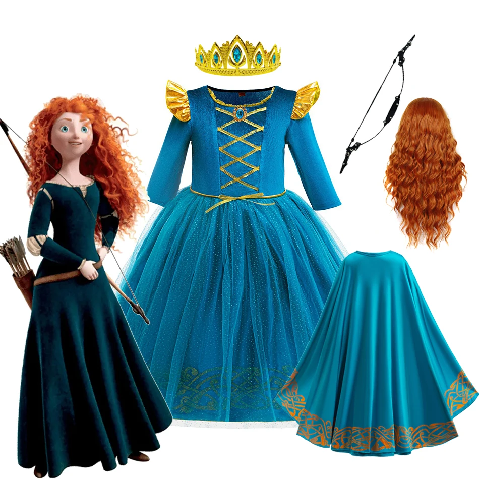 Disney Store Brave Merida Girls Princess Costume Deluxe Gown Outfit with Red Wig Bow Arrow for Halloween Dress Up Party