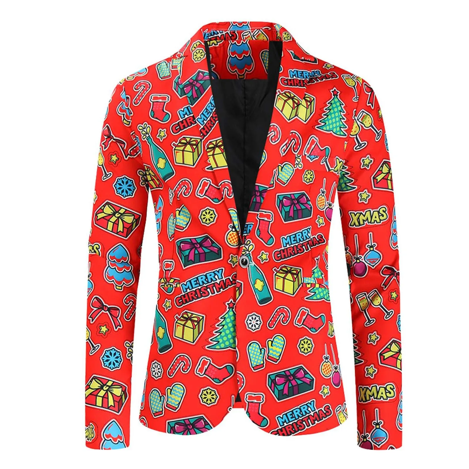 Men's Fashionable Leisure Christmas Printed Buttons Long Sleeve V Neck Suit Coat With Pocket Slim Fitting Outwear Blouses