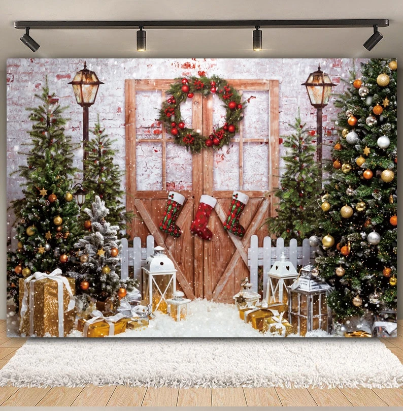 Christmas Backdrop Winter Merry Xmas Tree Fireplace Gift Window Christmas Family Party Decor Photography Background Photo Studio