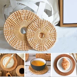 Cup Mat Round Natural Rattan Hot Pad ,Hand Woven Hot Insulation Placemats Table Padding Kitchen Decoration Accessories