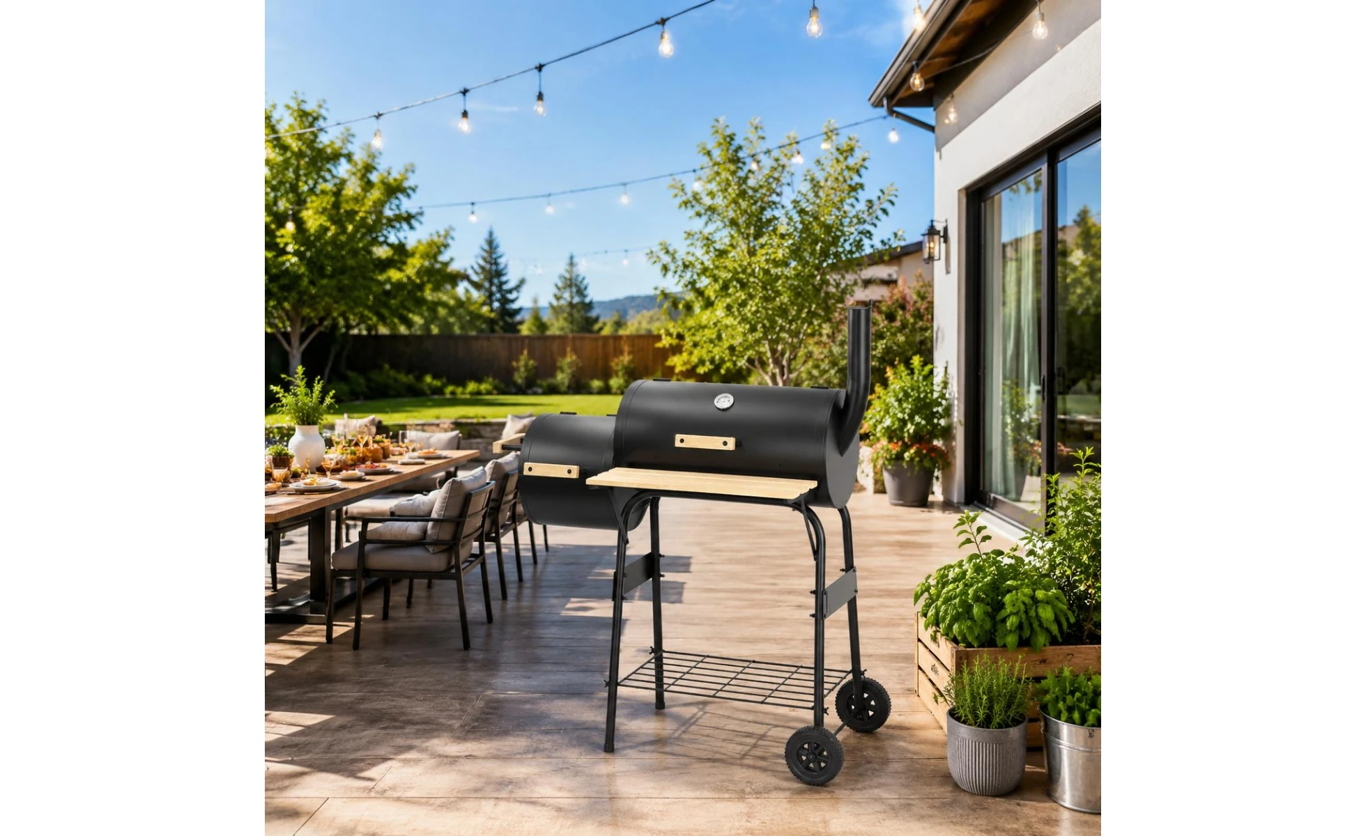 Two-chamberBarrel Barbecue Grill Black Metal Wheeled Barbecue Grill Outdoor Cooking Side Shelf Wheels Two-chamberBarrel Barbecue Grill Black Metal Wheeled Barbecue Grill Outdoor Cooking Side Shelf Wheels