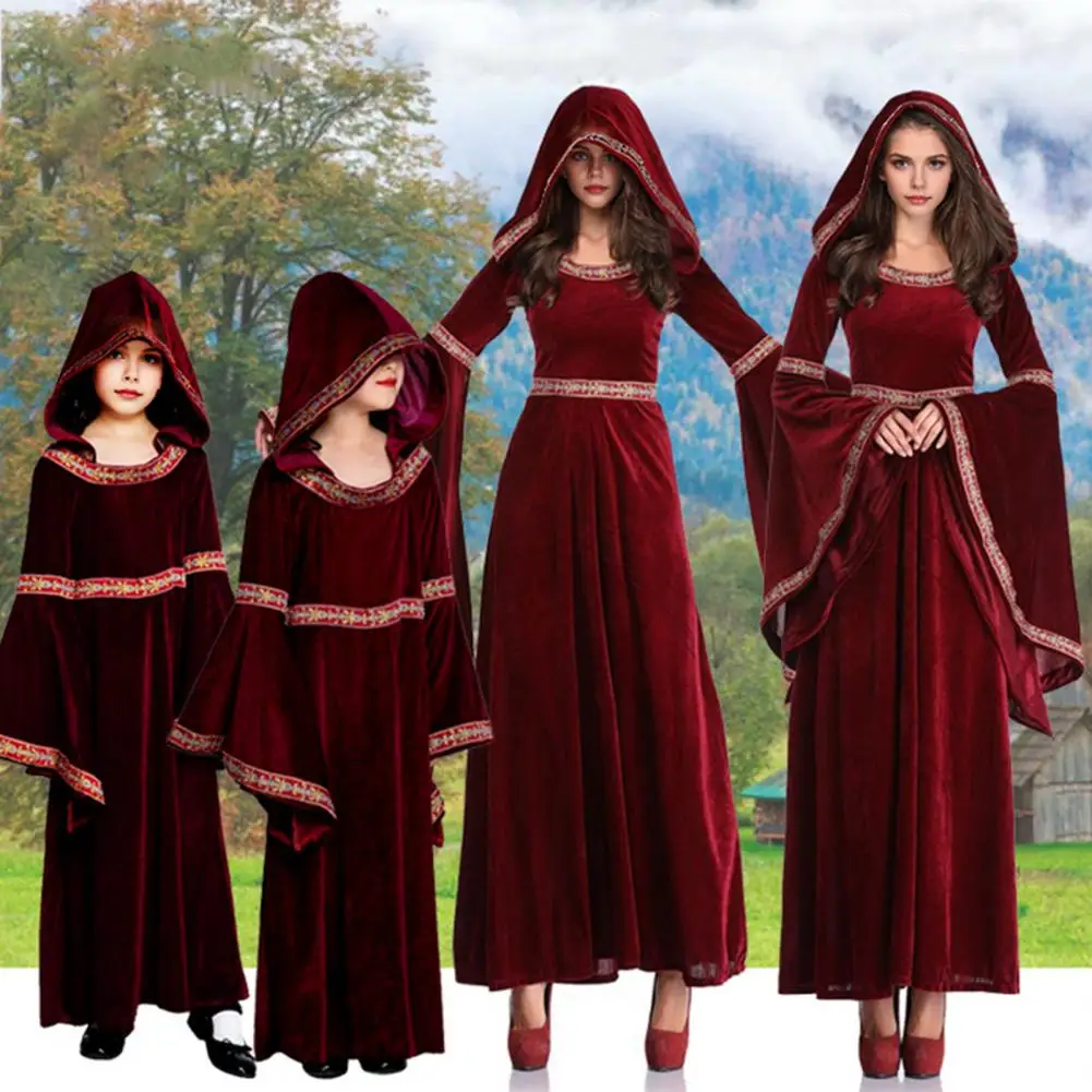 Middeleeuwse Retro Gothic Hoodie Heks Lange Rok Luxe Vrouwen Feestjurk Cosplay Halloween Kostuum