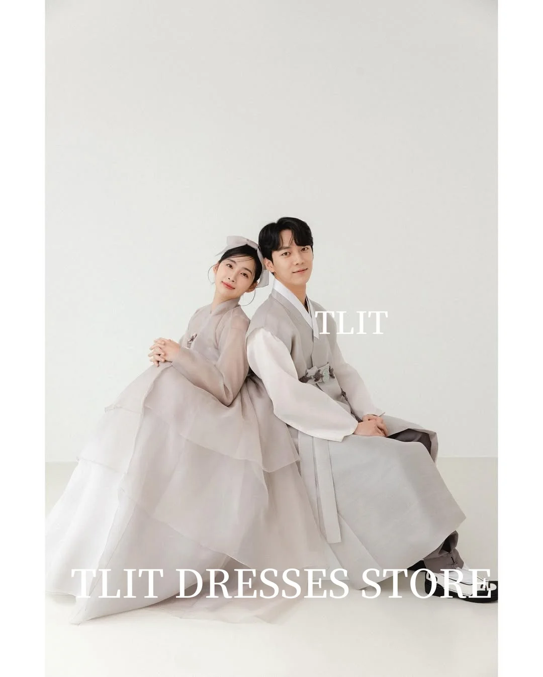 TLIT Elegant Misty Gray Hanbok Wedding Dress Long Sleeve A Line Bridal Party Gown Organza Back Zip 2 Pcs 웨딩드레스 customized