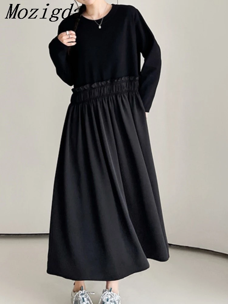 

Spring Autumn Women Black Ruffles Big Size Long Dress New Round Neck Long Sleeve Loose Fit Fashion Tide Vestidos