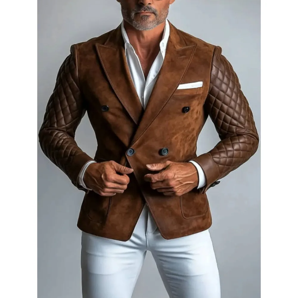 

Classic Men's Suit Blazer Pu Splicing Notch Lapel Tuxedo Fashionable Slim Autumn And Winter Business Party Suit Jacket